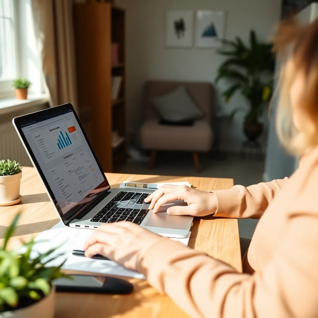 Persoon die werkt aan online business op laptop met notities