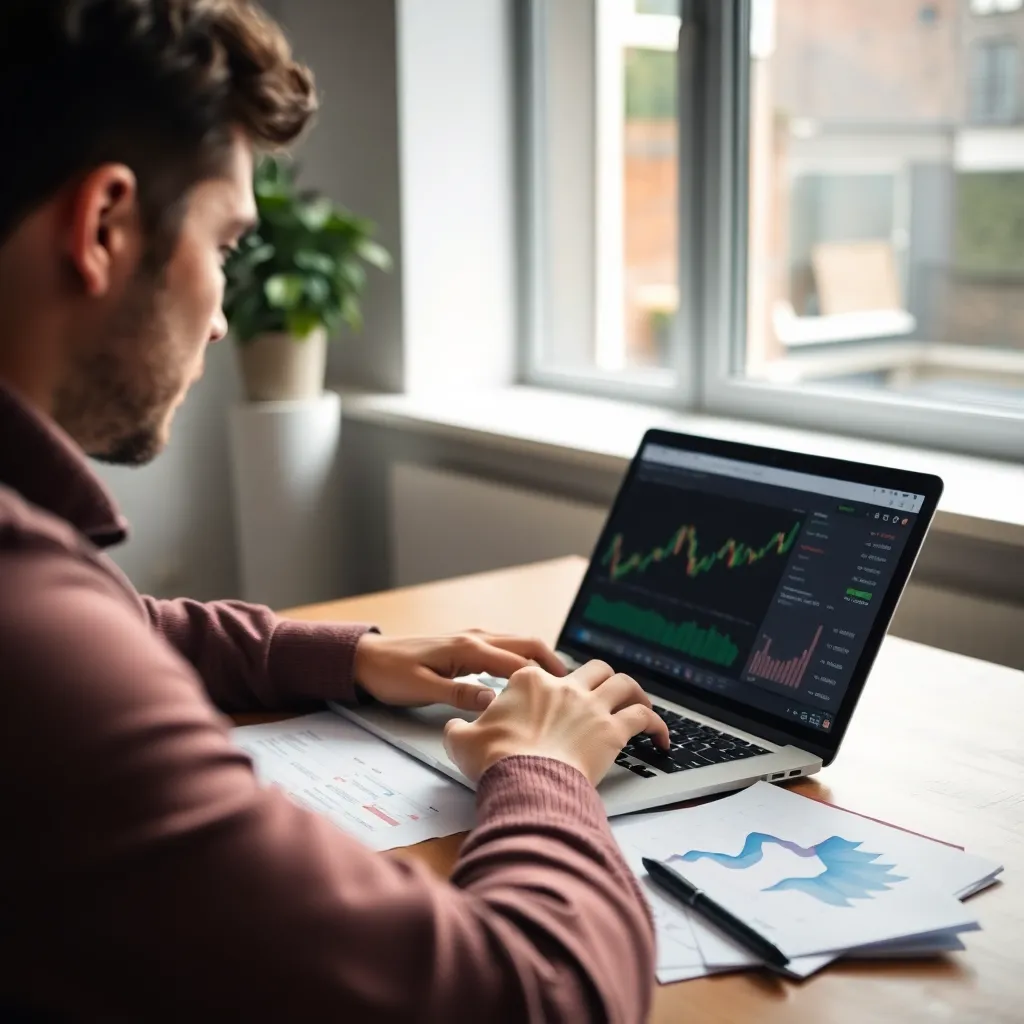 Persoon die dividend aandelen analyseert op laptop met grafiek en financiële documenten